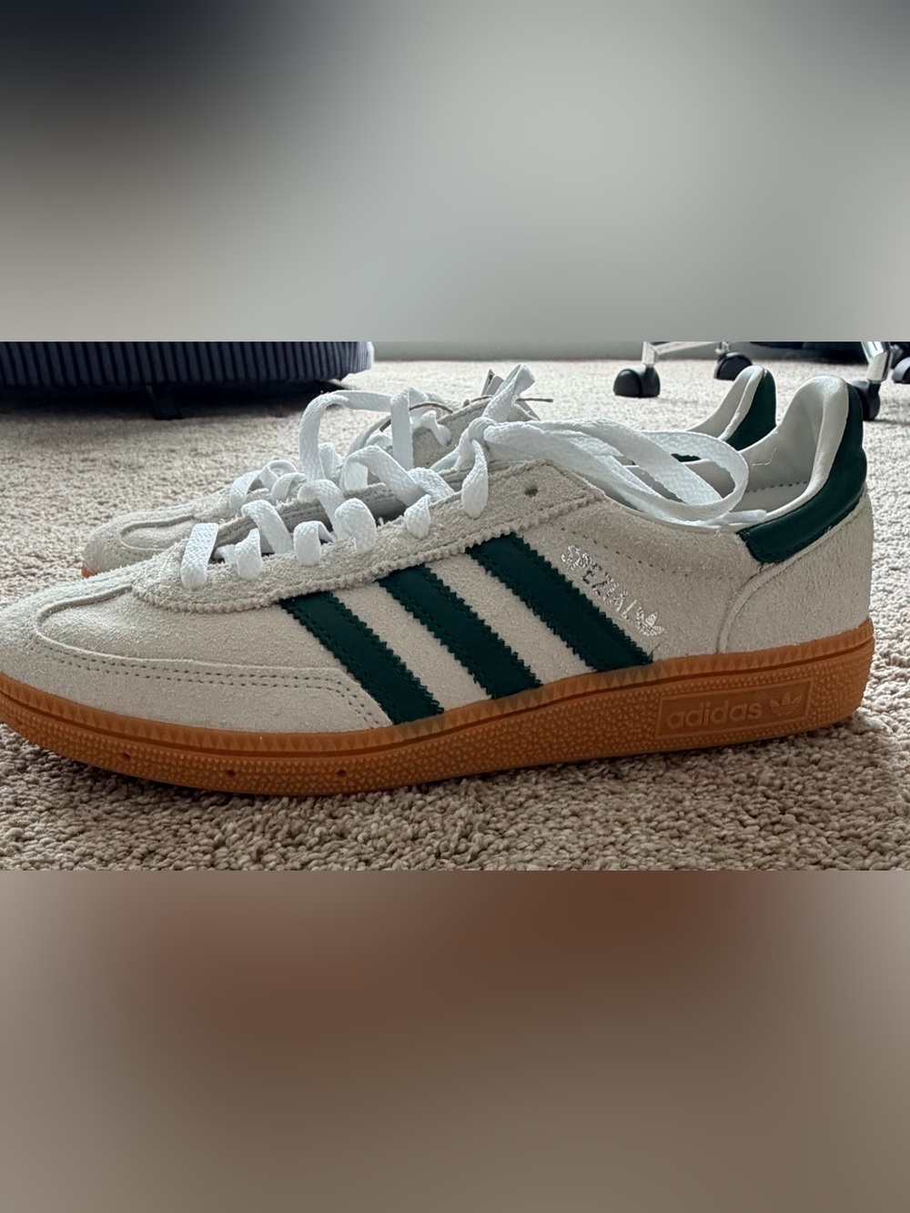 Adidas Cream Suede Sneaker with Dark Green Stripes and Gum Sole BNWT